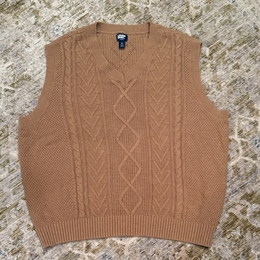 Lands' End Men's Tan Cable Knit Sweater Vest Size XL EXCELLENT CONDITION!!